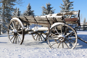 Fototapeta na wymiar A winter themed outdoor rural scene of an old weathered wagon covered in snow with a clear blue sky in the background.