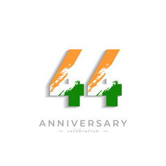 44 Year Anniversary Celebration with Brush White Slash in Yellow Saffron and Green Indian Flag Color. Happy Anniversary Greeting Celebrates Event Isolated on White Background