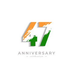 47 Year Anniversary Celebration with Brush White Slash in Yellow Saffron and Green Indian Flag Color. Happy Anniversary Greeting Celebrates Event Isolated on White Background