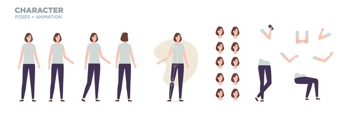 businesswoman character for animation. Creation set with various views, face emotions, poses and gestures.