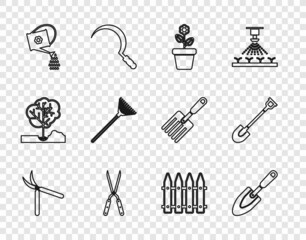 Set line Gardening handmade scissor, trowel spade shovel, Flower pot, Watering can, rake for leaves, fence and icon. Vector