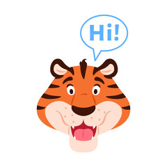 Flat talking smiling tiger say Hi face isolated on white background. Cute adorable cartoon greeting wild cat head. Orange striped greeting carnivore predator animal character vector illustration.