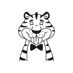 Black and white outline teasing comic cartoon tiger head. Coloring page for children. Wild cat shows tongue portrait isolated on white background. Happy smiling animal. Line vector illustration.