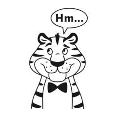 Black and white outline happy smiling thinking striped tiger portrait isolated on white. Cute funny wild cat head. Line sketch animal thoughtful character with speech bubble vector illustration.