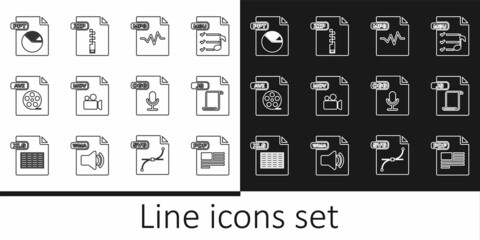 Set line PDF file document, JS, MP3, MOV, AVI, PPT, OGG and ZIP icon. Vector