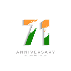 71 Year Anniversary Celebration with Brush White Slash in Yellow Saffron and Green Indian Flag Color. Happy Anniversary Greeting Celebrates Event Isolated on White Background