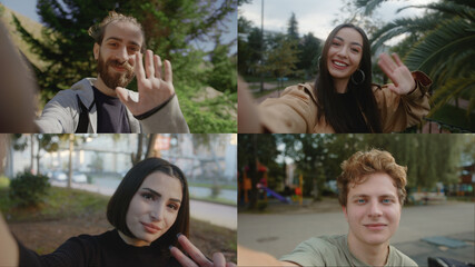 Phone group video call. Friends chat conference concept. Four-way conversation