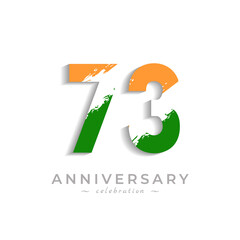 73 Year Anniversary Celebration with Brush White Slash in Yellow Saffron and Green Indian Flag Color. Happy Anniversary Greeting Celebrates Event Isolated on White Background