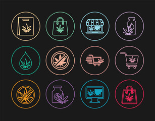 Set line Shopping bag of marijuana, cart with, Online buying, Stop, Marijuana or cannabis leaf oil, and icon. Vector