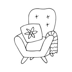 A cozy upholstered armchair with a pillow and a blanket. Doodle style. Vector illustration of a chair with a pillow and a blanket. A symbol of comfort.