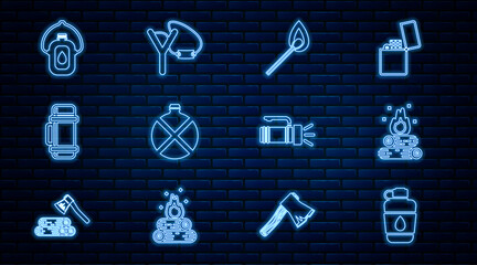 Set line Canteen water bottle, Campfire, Burning match with, Thermos container, Flashlight and Slingshot icon. Vector