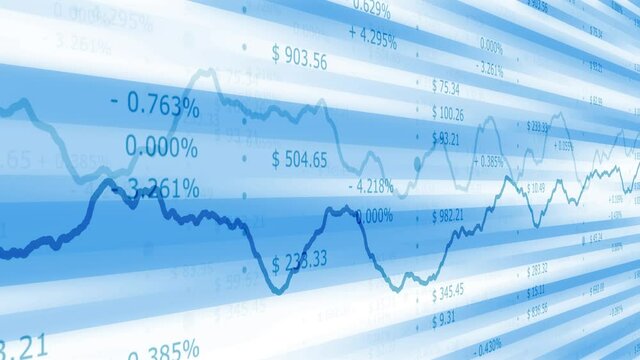 Artistic business infographics animation with computer sales data on bright blue shiny background.