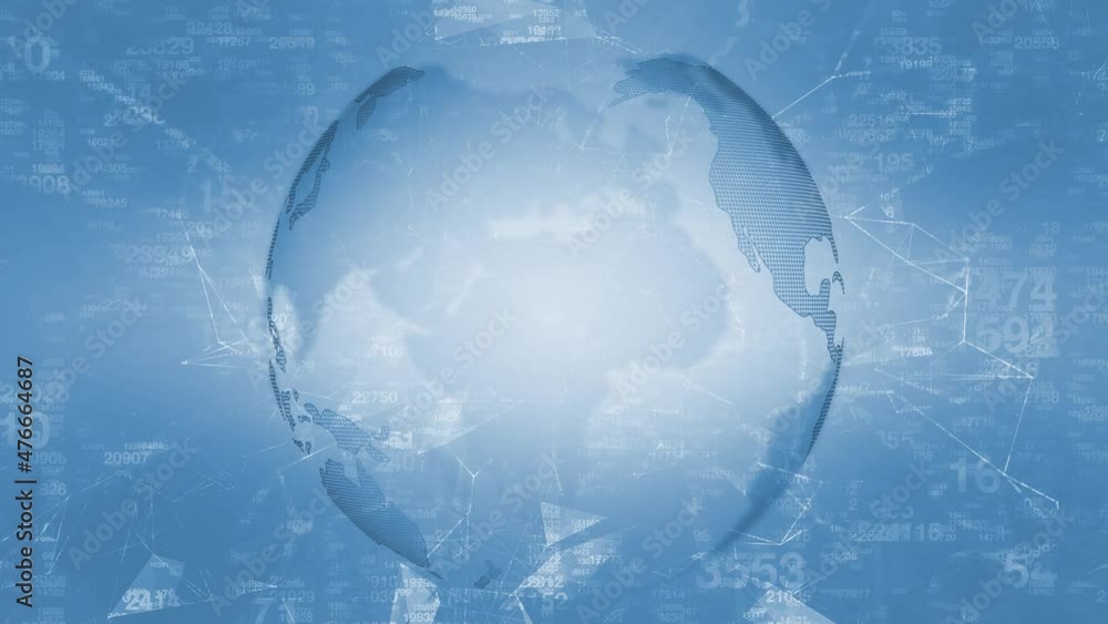 Poster blue digital earth world map motion with numeric data animation background.