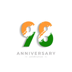 98 Year Anniversary Celebration with Brush White Slash in Yellow Saffron and Green Indian Flag Color. Happy Anniversary Greeting Celebrates Event Isolated on White Background