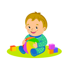 vector illustration of little lovely baby boy, playing with ball and cubes