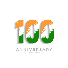 100 Year Anniversary Celebration with Brush White Slash in Yellow Saffron and Green Indian Flag Color. Happy Anniversary Greeting Celebrates Event Isolated on White Background