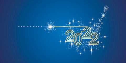 New year's eve 2022 compact golden triple line design white sparkle firework champagne open new year eve blue vector wallpaper greeting card - obrazy, fototapety, plakaty