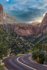 Scenic Drive in the Zion National Park during sunset