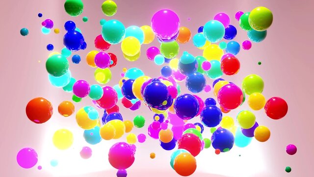 3d render. Abstract bg of colorful balls in air, which randomly light up and reflect in each other. Multicolored spheres in air as simple geometric light background with light effects in ligth room