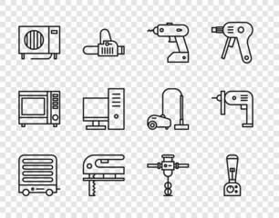 Set line Electric heater, Blender, cordless screwdriver, jigsaw, Air conditioner, Computer monitor, Construction jackhammer and drill machine icon. Vector