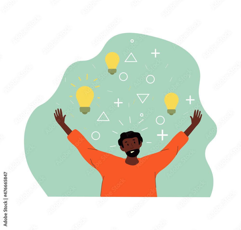 Aufkleber man counting light bulbs. character happy with new ideas. metaphor of creativity and brainstorming. 