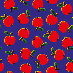 Bright seamless pattern with red apples on a blue background. Vector illustration
