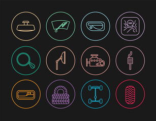 Set line Car tire, muffler, door handle, Windscreen wiper, mirror, engine and icon. Vector