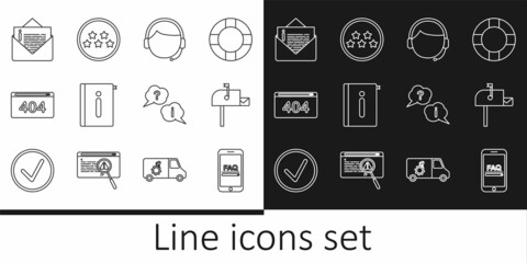 Set line Mobile with FAQ information, Open mail box, Man headset, User manual, Page 404 error, Envelope, Question and Exclamation and Five stars rating review icon. Vector