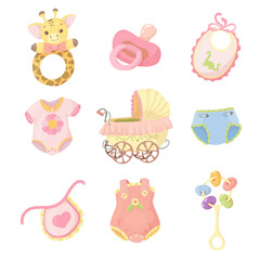 A set of clothes and accessories for small children. Rattles for newborns. Goods for kids. Vector illustration isolated on white background.