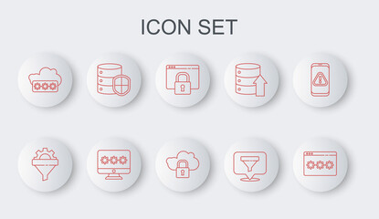 Set line Password protection, Sales funnel with gear, Secure your site HTTPS, SSL, Location sales, Server shield, Monitor password and Cloud computing lock icon. Vector
