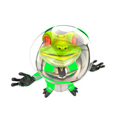 frog astronaut is looking up with arms wide open in white background top view