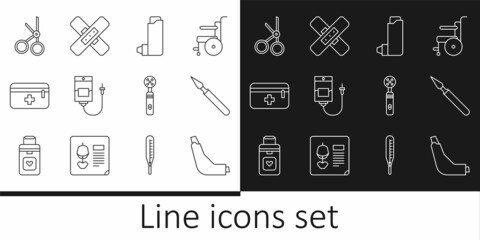 Set line Inhaler, Medical surgery scalpel, IV bag, First aid kit, scissors, Electric toothbrush and Crossed bandage plaster icon. Vector