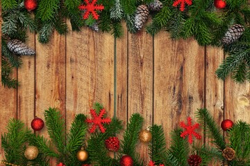 Naklejka na ściany i meble Christmas festive background frame with greenery, decorations.