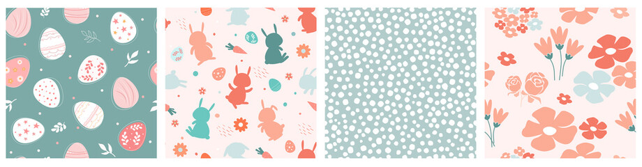 A set of seamless Easter pattern with different colored eggs, branches with leaves, chaotic drops, muzzles of bunnies, rabbits. Festive spring print. Vector graphics.
