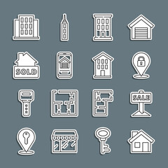 Set line House, Hanging sign with Sale, Location lock, Online real estate house, text Sold, and icon. Vector