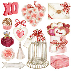 Watercolor valentines day set, romantic elements. Vintage rustic birdcage, gift boxes, pink blush rose wreath, sweets and cookies, letter, engagement ring. Hand-drawn illustration