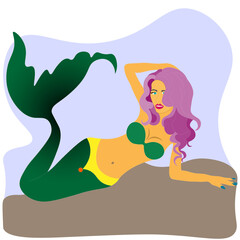 mermaid girl with purple hair lies on the sand at the bottom of ocean. Cute and sexy girl with curly hair, magical and fabulous creature.