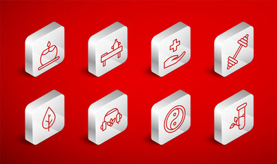 Set line Laboratory glass and leaves, Massage table with oil, Cross hospital medical, Dumbbell, Yin Yang, Aroma candle, Headphones for meditation and Leaf icon. Vector