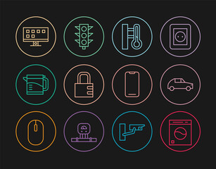 Set line Washer, Car, Meteorology thermometer, Safe combination lock, Electric kettle, Smart Tv, Smartphone and Traffic light icon. Vector