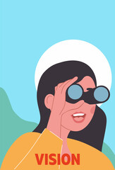Woman with binocular. Metaphor for ambitious entrepreneur. Talented businesswoman. Goal setting and vision. Company development, leadership. Character looks to future. Cartoon flat vector illustration