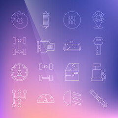 Set line Car chain, air pump, key with remote, Gear shifter, Check engine, Chassis car, brake disk caliper and mirror icon. Vector