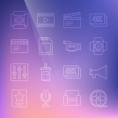 Set line Film reel, Megaphone, Movie spotlight, clapper, SD card, and Cinema camera icon. Vector