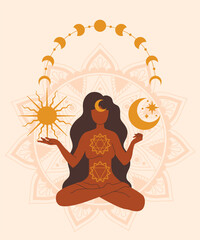 Mystery woman with sun and moon. Pictures in bohemian style. Religion and esotericism, intangible energy. Magic and witchcraft. Bright and stylish poster or banner. Cartoon flat vector illustration