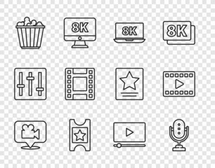Set line Camera and location, Microphone, Laptop with 8k, Cinema ticket, Popcorn box, Play Video, Online play video and icon. Vector