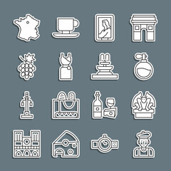 Set line French man, Gargoyle on pedestal, Perfume, Portrait in museum, Woman dress, Grape fruit, Map of France and Fountain icon. Vector