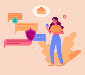 Girl chatting on smartphone. Social media. Communication application, internet, modern technology and gadget addiction. Digital world, online, friends and dialogue. Cartoon flat vector illustration