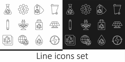 Set line Lightning bolt, Solar energy panel, Tag with recycle, Electric saving plug leaf, Fluorescent lamp, Garbage bag, Paper and Gear and lightning icon. Vector