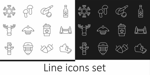 Set line Canada map, Capilano Suspension Bridge, Peameal bacon, Christmas sweater, Moose head with horns, Snowflake, Coffee cup to go and Mushroom icon. Vector