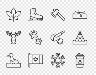Set line Flying duck, Coffee cup to go, Wooden axe, Flag Canada, Canadian maple leaf, Paw print, Snowflake and Indian teepee or wigwam icon. Vector © vector_v