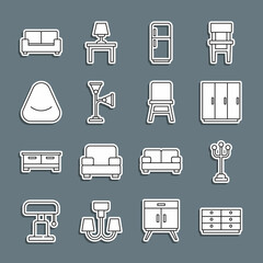 Set line Chest of drawers, Coat stand, Wardrobe, Refrigerator, Floor lamp, Pouf, Sofa and Chair icon. Vector